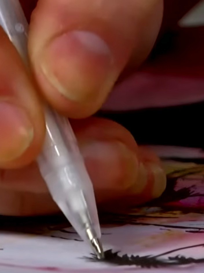 Step 7: Using a white gel pen, add small highlights to the black silhouette of the bird to create extra detail and dim