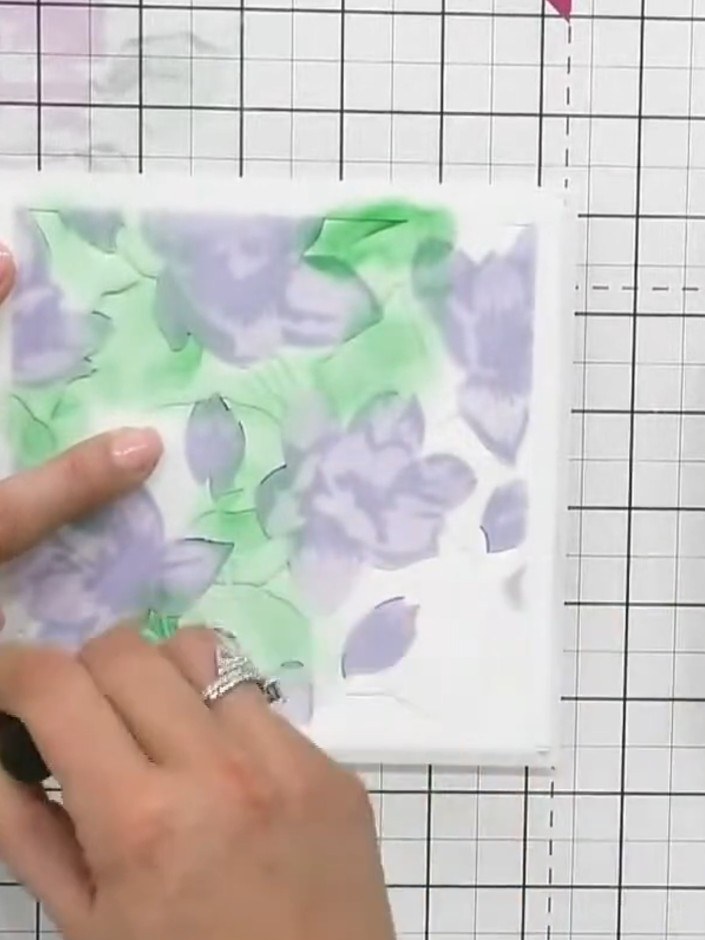 Step 3: Position stencil number two over your watercolour paper and apply Hedgerow green ink through the stencil using