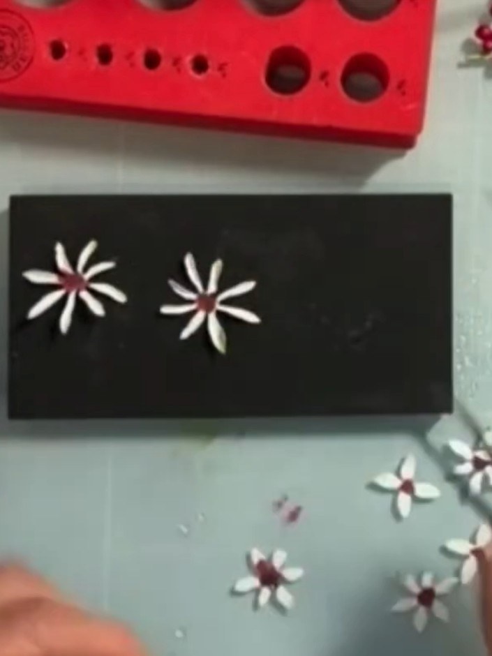 Step 1: Cut two large petal pieces, two medium petal pieces, and two small petal pieces from white cardstock using the