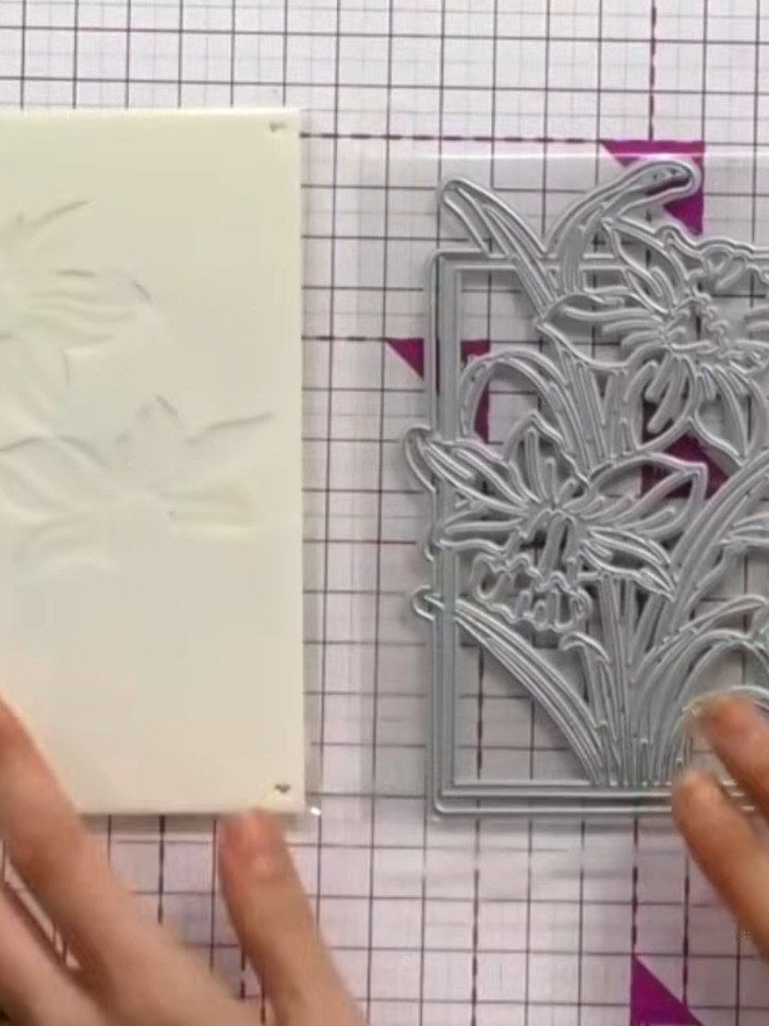 Step 1: Prepare your card stock and use the Daffodil Stencil & Die set. Follow the numbered stencil system (1-8) to la