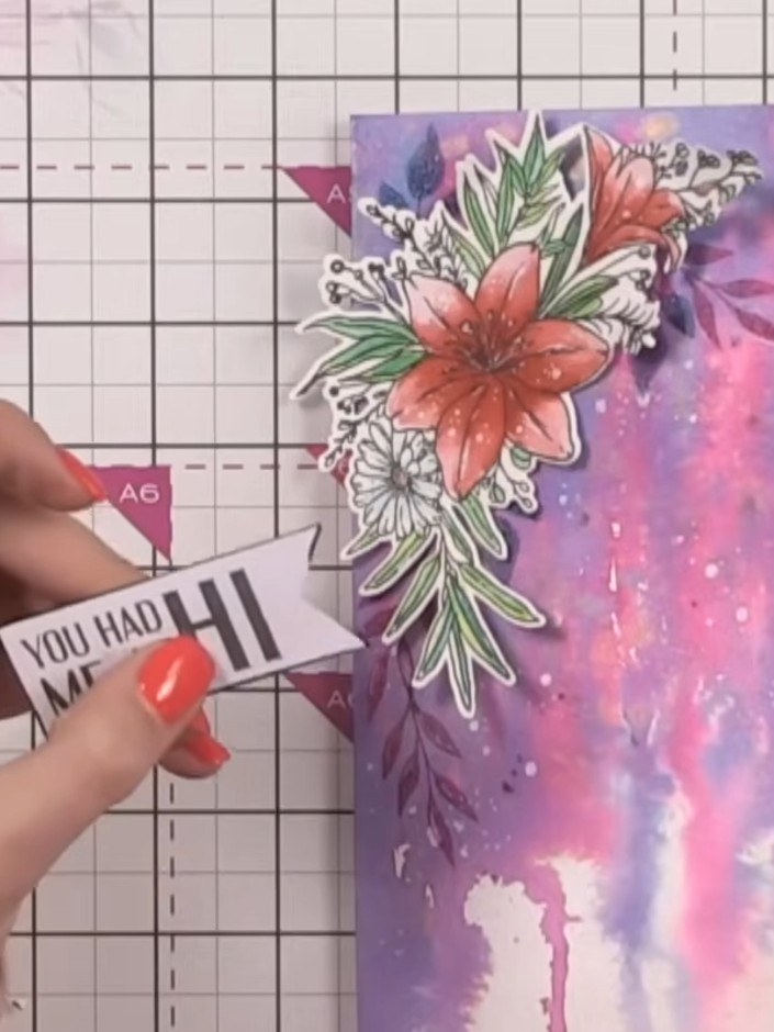 Step 14: Stamp the sentiment 'You had me at high' onto the white card base using the coordinating stamp set. Position t