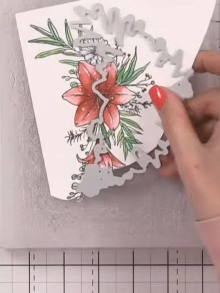Step 8: Stamp the large lily image onto white watercolour card using the stamp set. Position the stamp carefully to cr