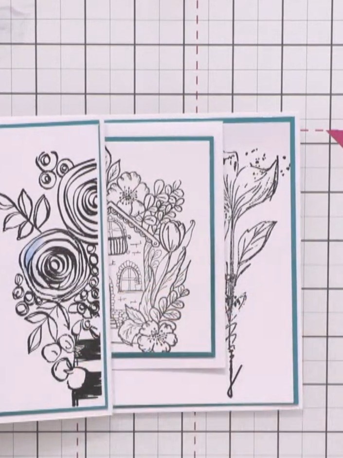 Step 9: Layer and adhere the stamped floral panels onto the metallic card base. Position them to create dimension and 