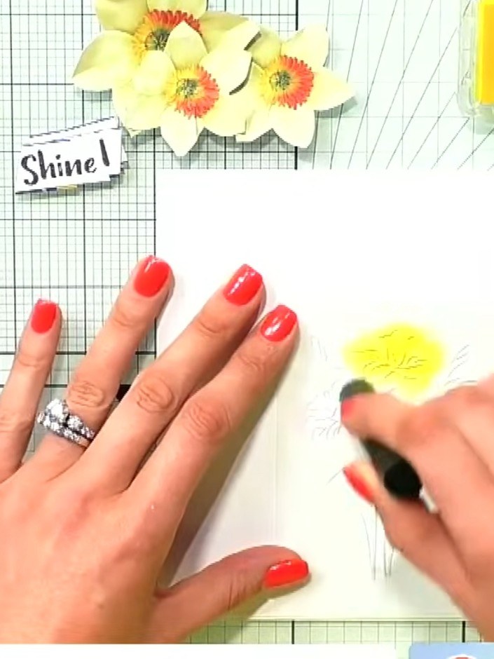 Step 2: Apply yellow pigment ink through the stencil using a spot brush, stippling gently to build up the colour cover