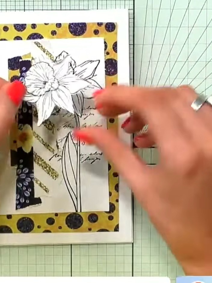 Step 8: Fussy cut daffodil elements from the patterned paper pads. Arrange and adhere them to the card front for addit