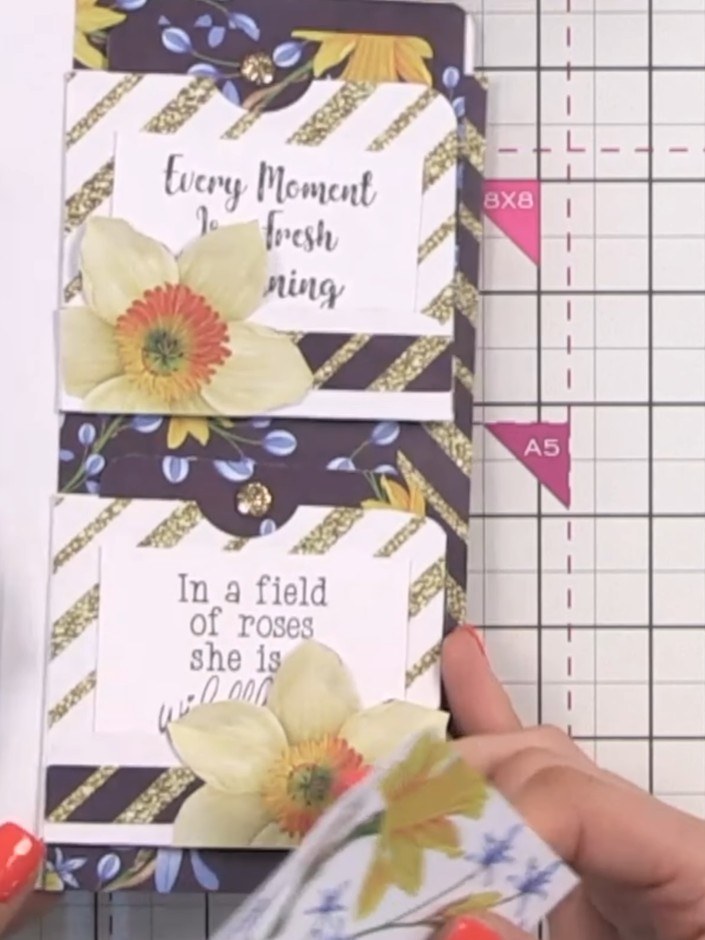 Step 12: Adhere the hinged pockets to your inner cover pages, positioning them at varying heights to allow easy access 