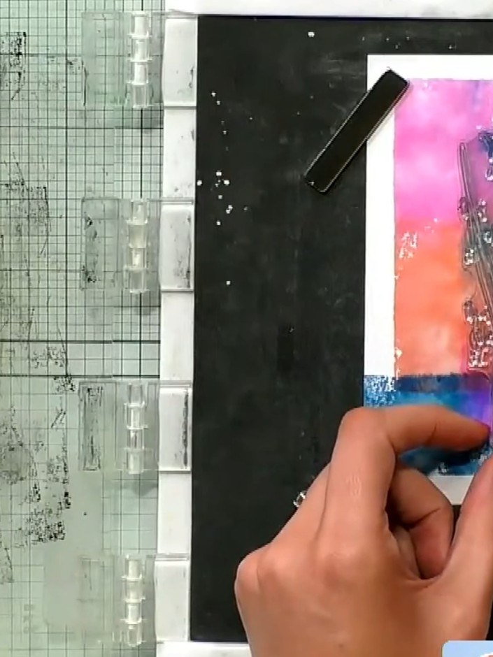 Step 5: Stamp the 'Hello Sunshine' sentiment from the Sketched Florals A5 stamp set onto the dried watercolour backgro