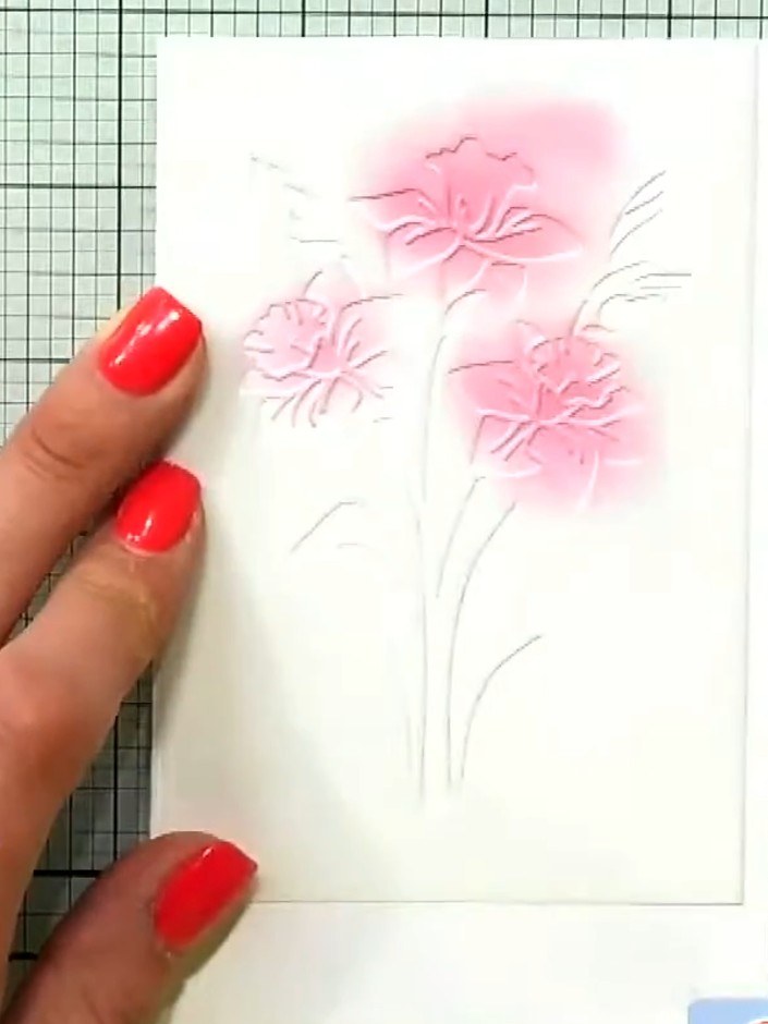 Step 2: Using a blending brush and pink ink, stencil through the Hazy Days stencil onto the white card, working gently