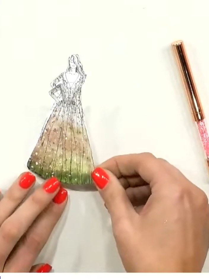 Step 3: Adhere the stamped and coloured gown image onto your card base or frame. Position it carefully to ensure it is