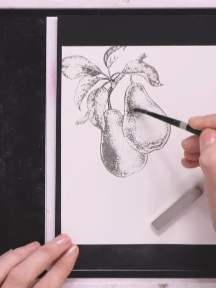 Step 3: Using a round brush, apply clean water to the stamped pear area to create a wet base for the watercolour to fl