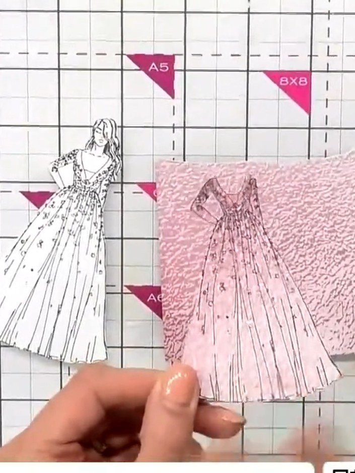 Step 2: Stamp the Francesca lady image onto pink patterned paper using the same technique. This creates a textured dre