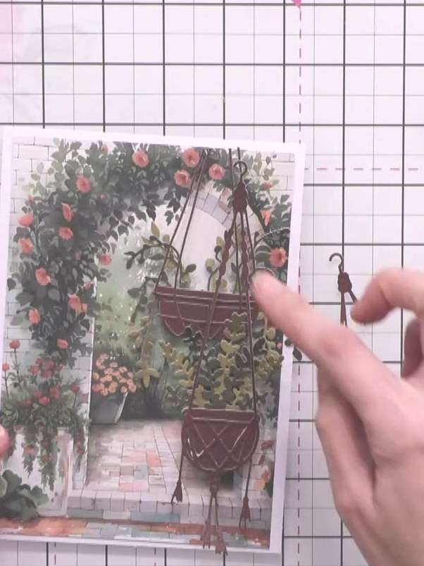 Garden Scene Card with Hanging Baskets and Pattern Paper - the finished project