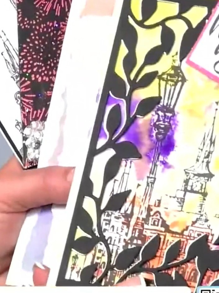 Step 2: Add white gel pen details to highlight key areas of the stamped image, such as the lamp post and architectural