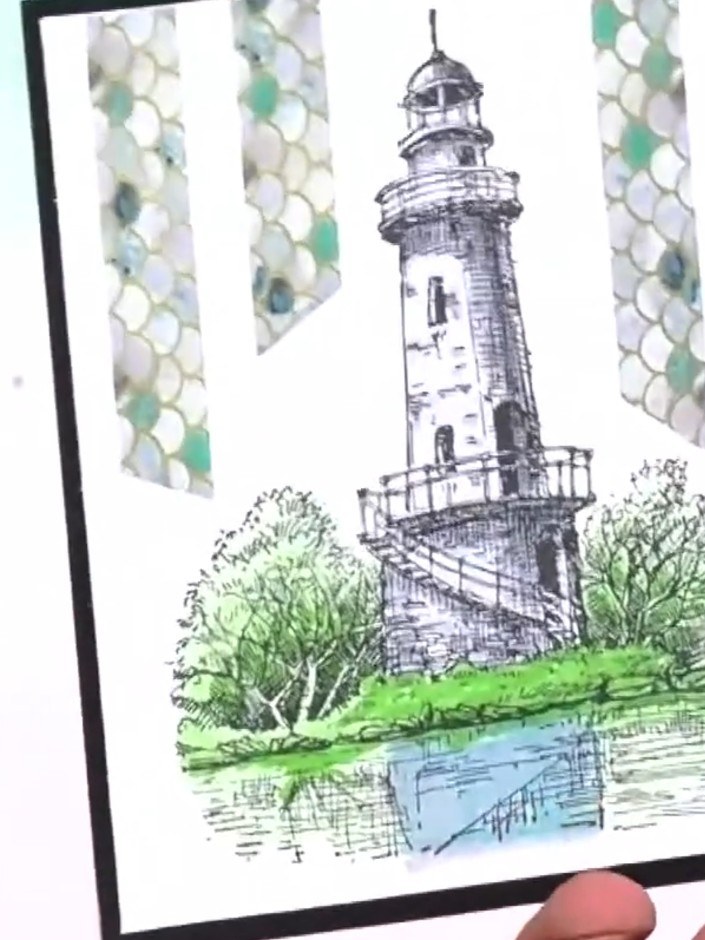 Step 1: Stamp the lighthouse scene from the Summer Story stamp set onto white card using black ink. The image shows a 