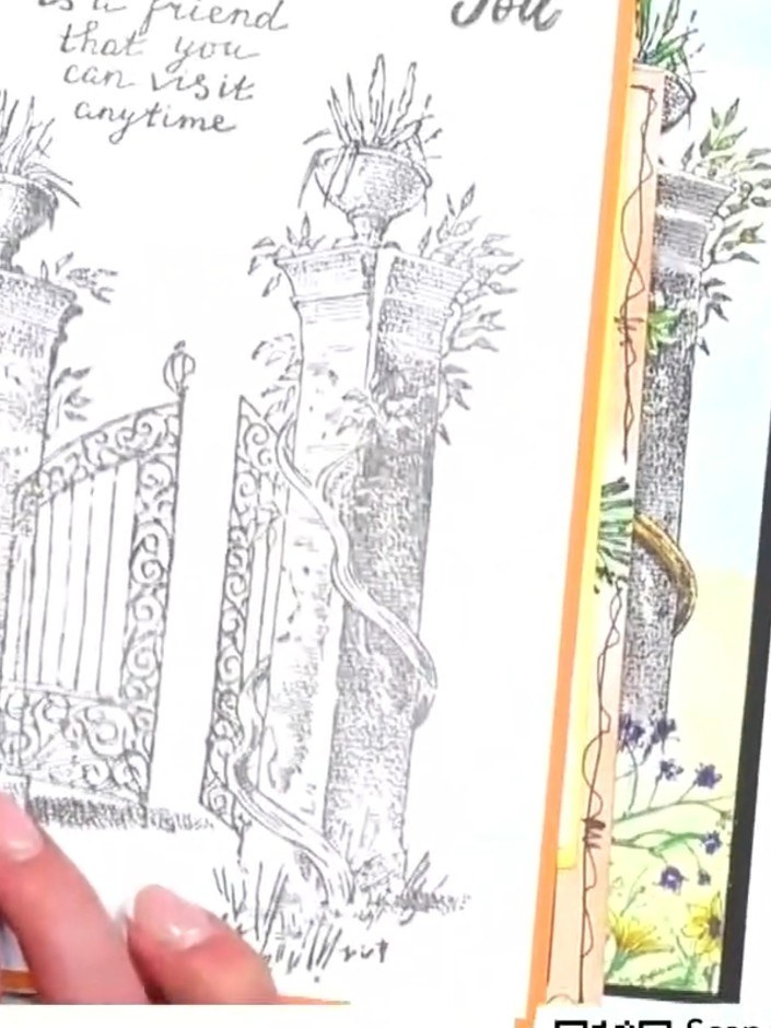 Step 6: Layer your completed stamped and watercoloured panel onto coordinating cardstock. Mount the layered piece onto