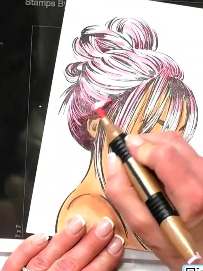 Step 3: Use the darker marker shade to go over all the dark areas and lines in the hair, accentuating the shading and 