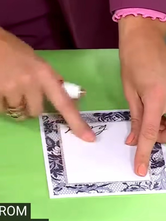 Step 1: Start with a white card blank as your base. Position a decorative patterned vellum panel from the Midnight Blo
