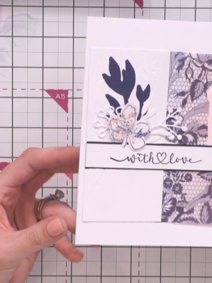 Step 1: Select coordinating papers from the Midnight Blooms 6x6 collection. Choose papers in navy and pink tones to cr