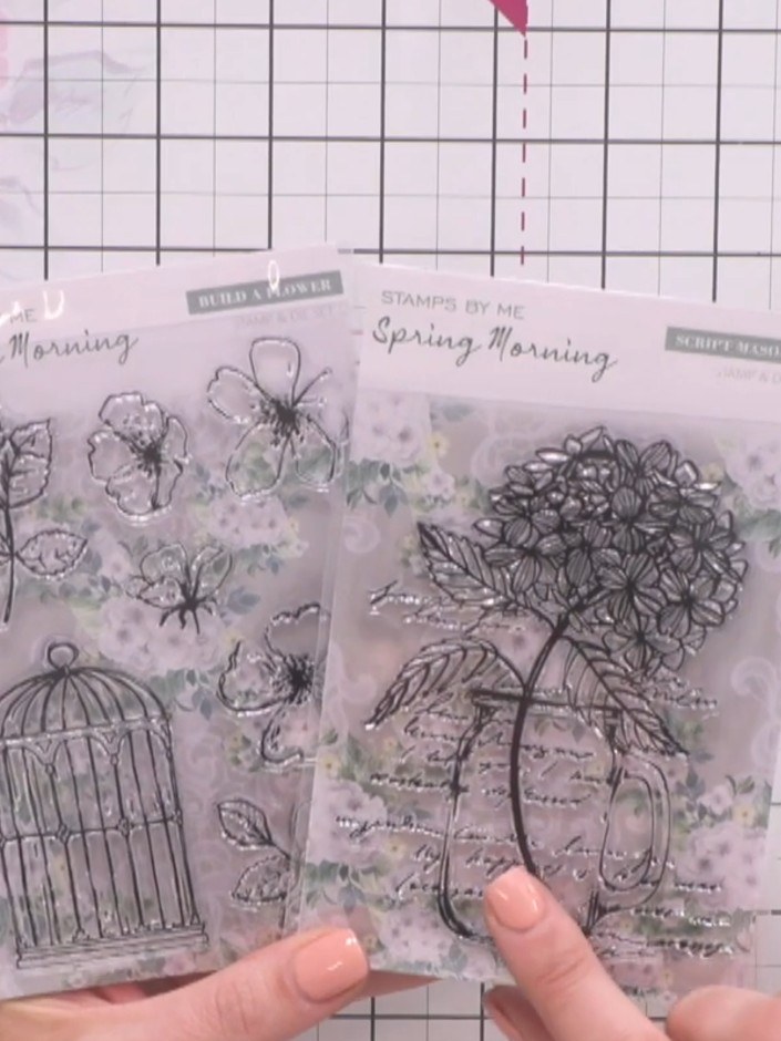 Step 6: Arrange the individual floral stamps and bird cage elements from the Spring Morning stamp set across your desi