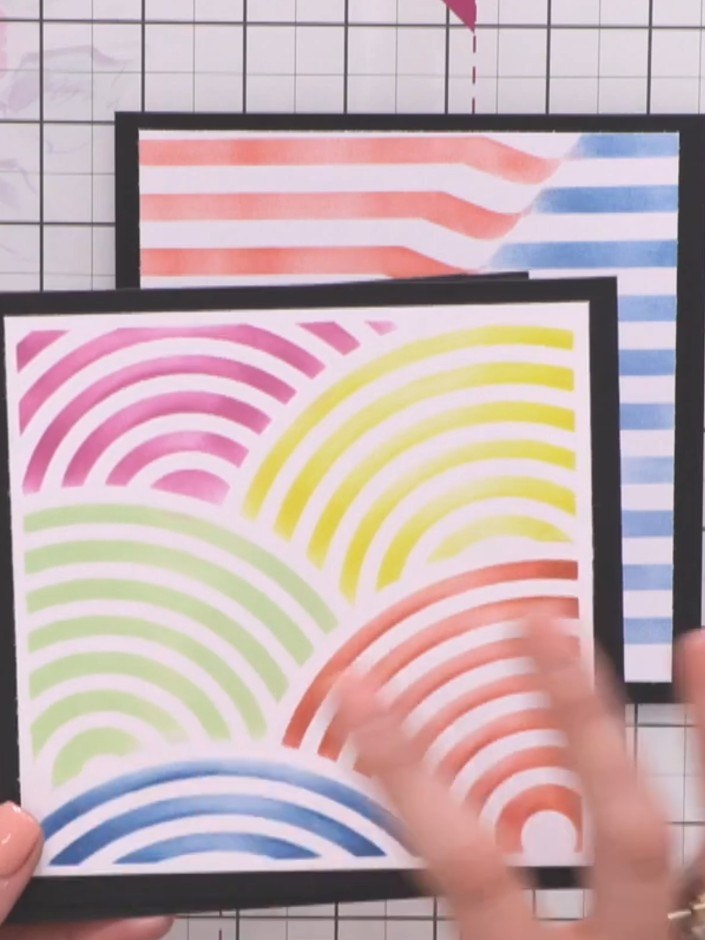 Step 6: Use the dimensional background stencils to create colourful patterns on your card panels. Apply ink through th