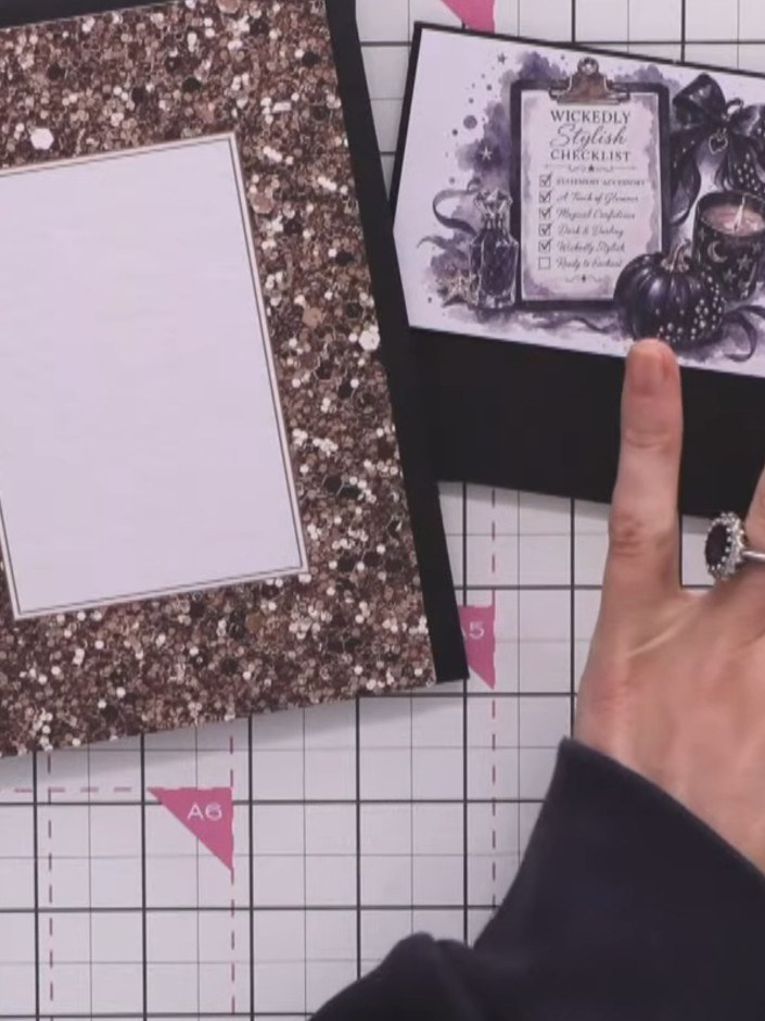 Step 5: Mount the gold glitter breaker strip horizontally across the centre of the card front to hide the join between