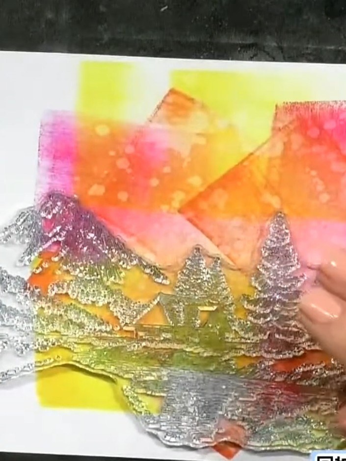 Step 6: Stamp the cabin design from the Stamps By Me Reflection stamp set in black ink on the left side of the card, p