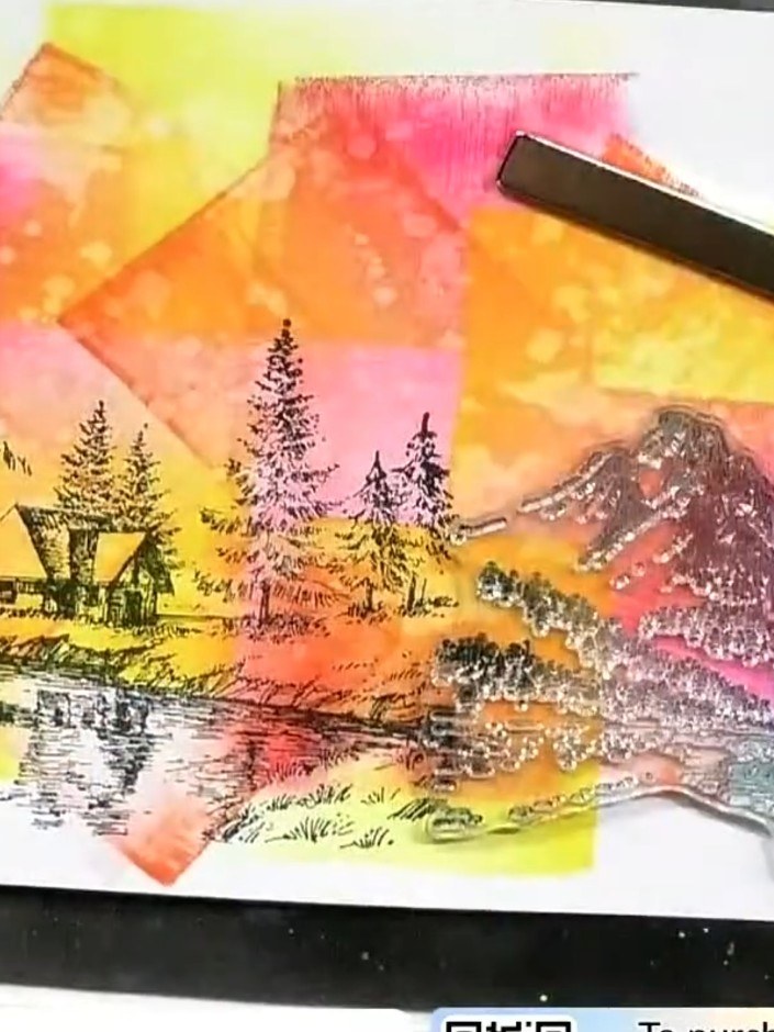 Step 9: Trim the finished stamped and coloured card to your desired size. Mount the trimmed piece onto a black card bl