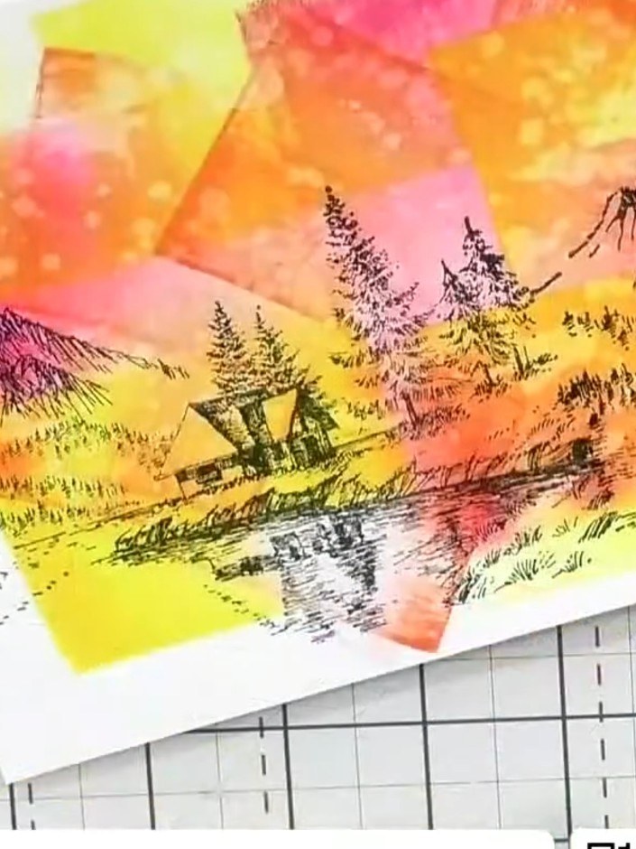 Fondo de tinta envejecido con sello de cabaña repetido - the finished project