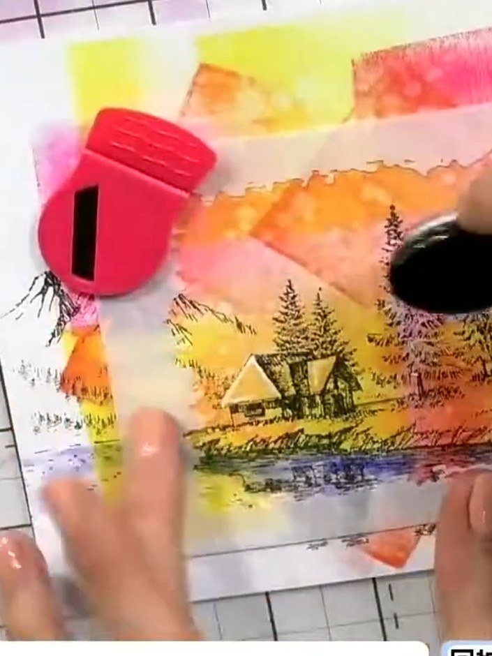 Step 3: Using a black ink pad, apply ink around a specific window area of the stamped image to create a shadow effect.