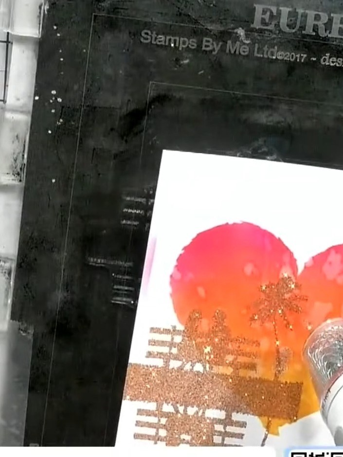 Step 8: Apply gold embossing powder over the stamped image whilst the ink is still wet. Tap off the excess powder back