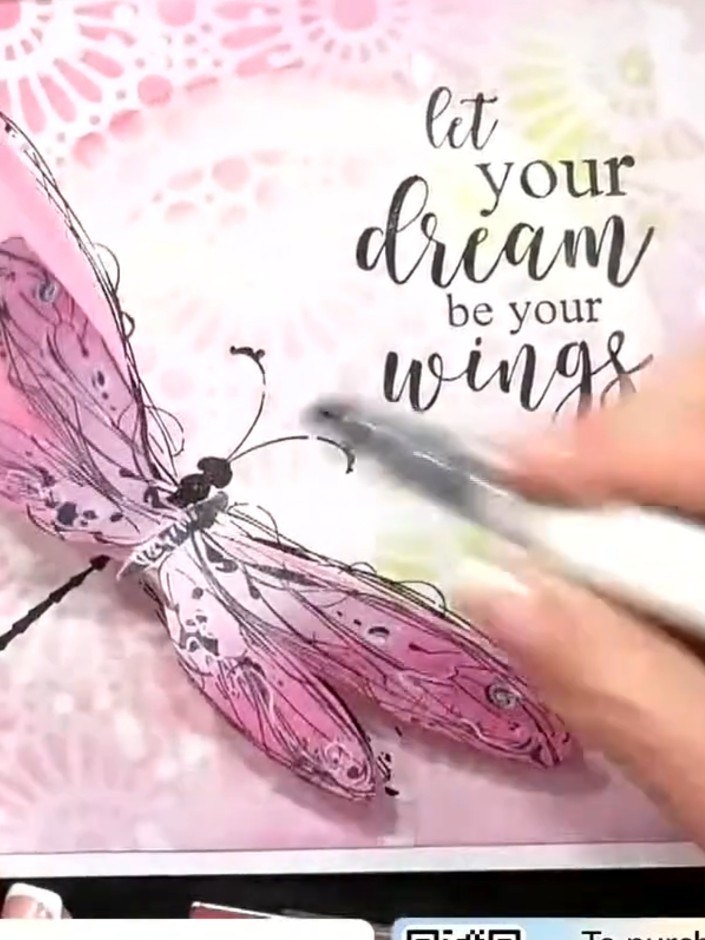 Step 8: Add glitter stamps around the edges of the dragonfly wings and background for sparkle and highlights. Use a li
