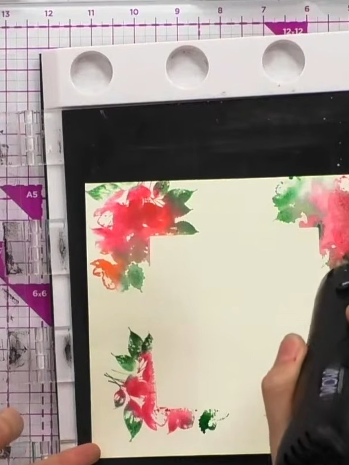 Step 6: Stamp the detail portion of the lamination stamp over the dried watercolour background using black ink. This a