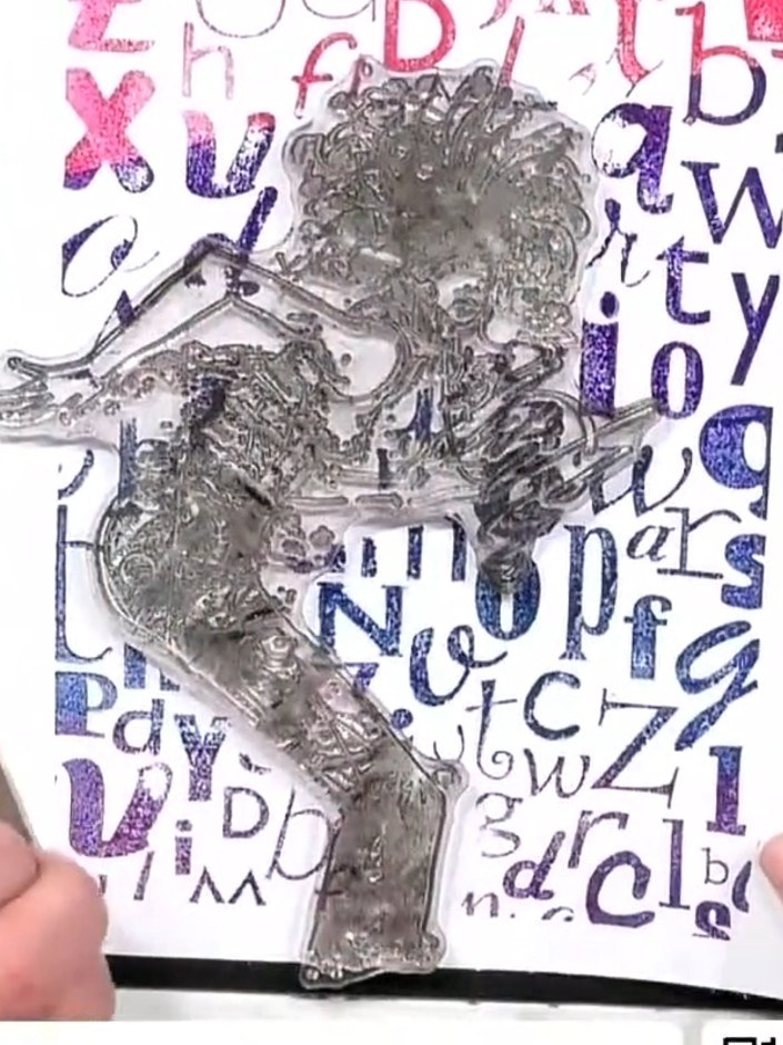 Step 2: Using a stamp platform, apply purple ink to the top area of your stamped card. Work the ink gently over the ba