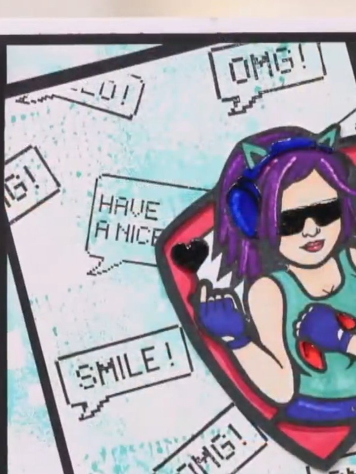 Tarjeta con fondo de franjas estilo grunge y el personaje Crash - the finished project
