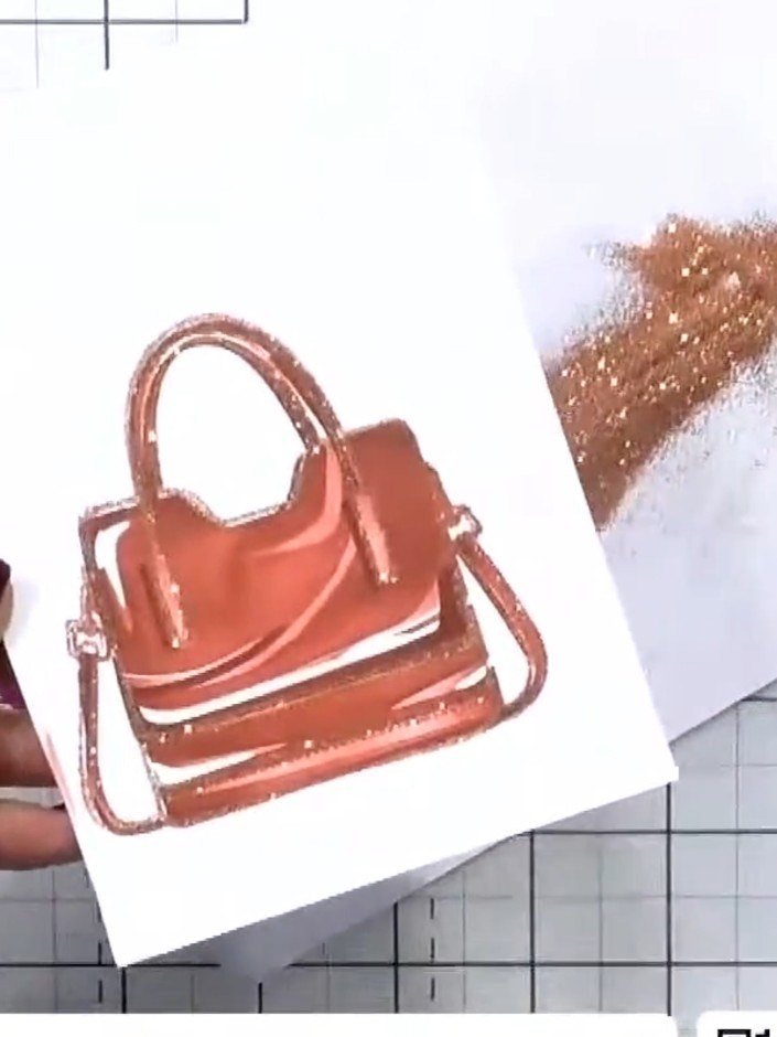 Step 7: Sprinkle gold embossing powder over the stamped handbag image. Tap off the excess powder and heat set with an 
