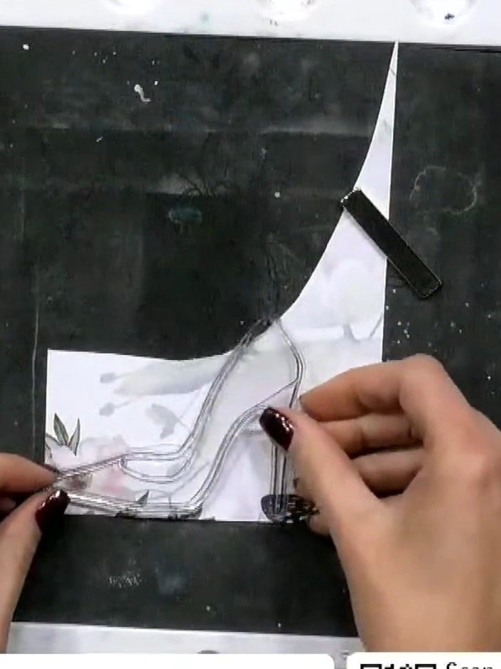 Step 2: Ink up your shoe stamp with black ink and stamp the design onto the patterned paper. Use the clear stamp as a 