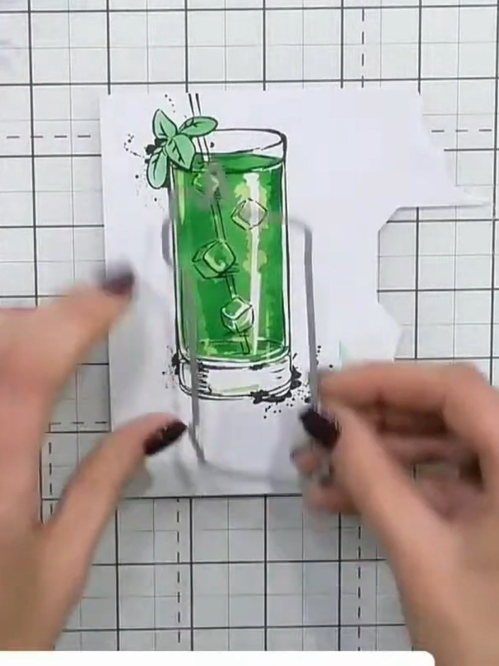 Step 7: Stamp the Mojito glass design onto the stencilled base using black ink. Include the outline of the glass, the 