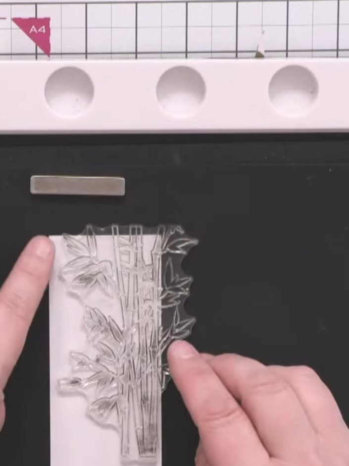 Step 5: Stamp the bamboo image onto white card using Hedgerow green ink from the Pretty Colour Inside range. Position 