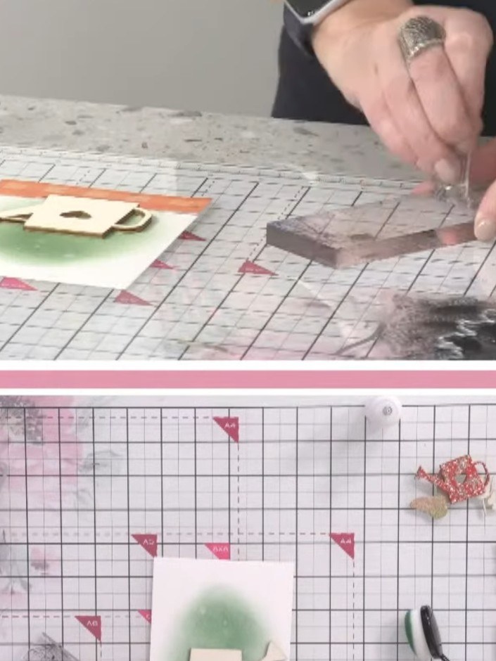 Step 6: Layer the wooden ply embellishments onto the card front. Position them over the stamped umbrella and floral de