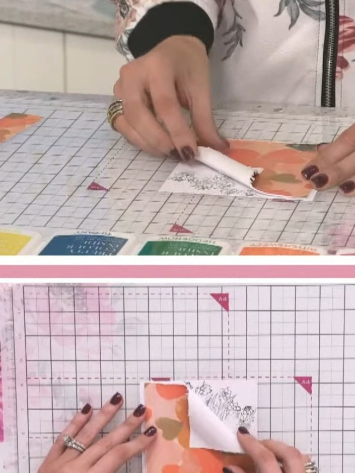 Step 5: Use the cascading florals stencil to add texture and pattern to your card. Position the stencil over your flor