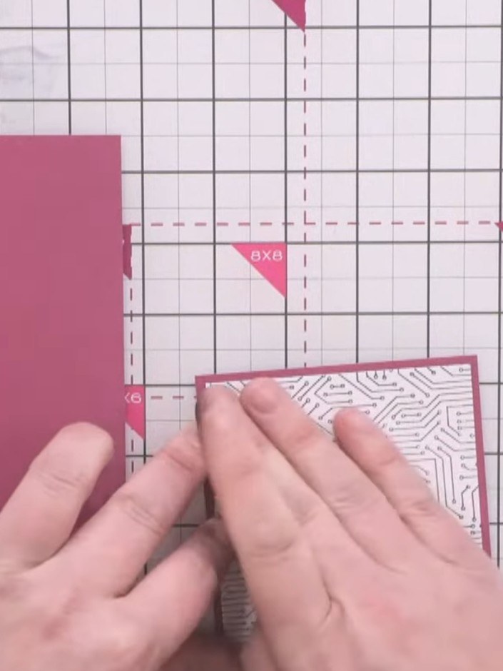Step 4: Glue the white patterned card panels to the pink card panels, leaving an even border all the way around each p