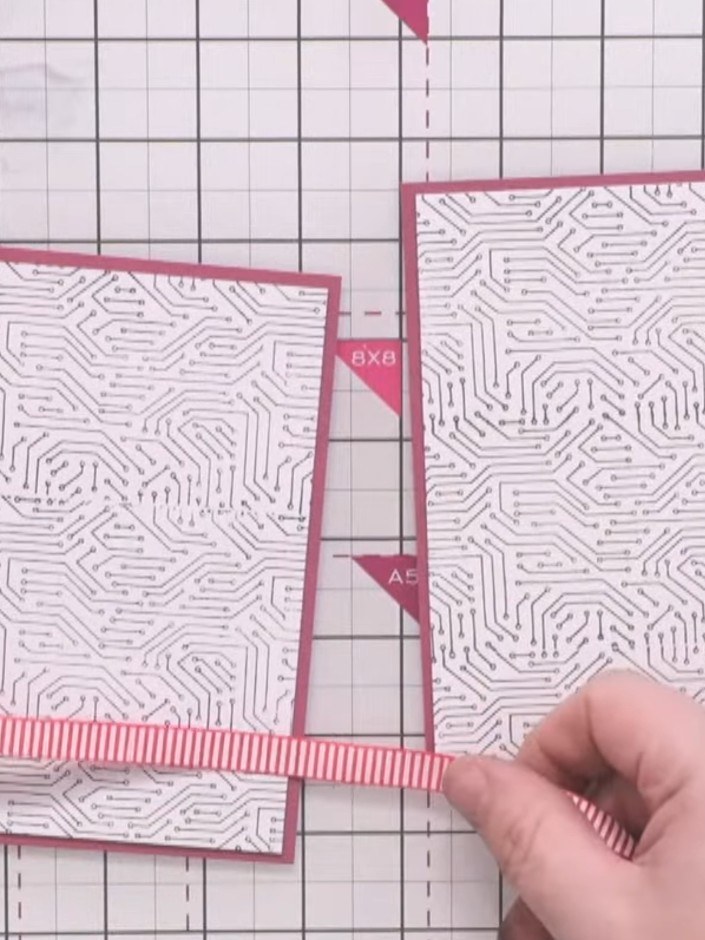 Step 5: Cut four pieces of pink and white striped ribbon, each long enough to tuck under the edges of the card panels 
