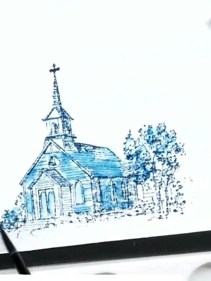 Tarjeta de iglesia con acuarela arrastrada y líquido enmascarador - the finished project