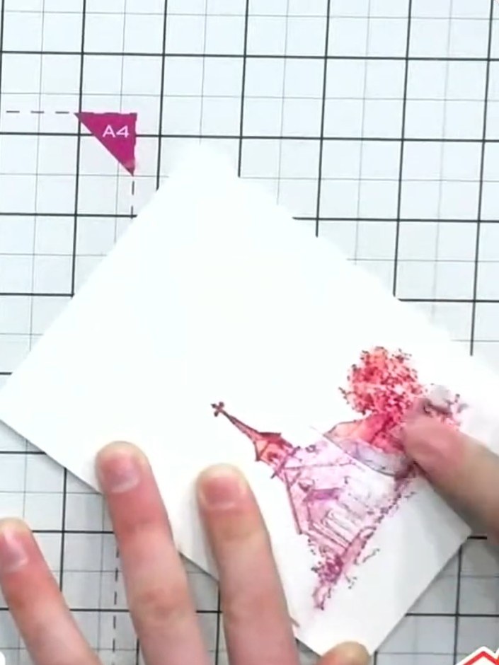 Step 5: Stamp the church arch design again using pink ink onto white card to create layered depth and definition. Allo