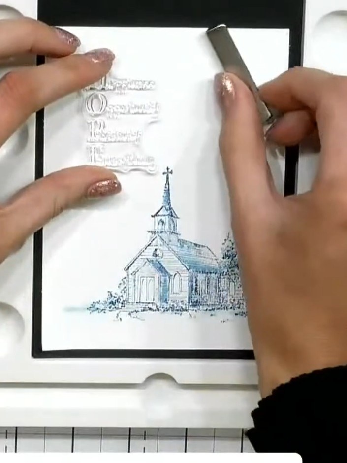 Step 5: Add a coordinating sentiment stamp from the set to the top of the card using black ink. Choose a sentiment suc