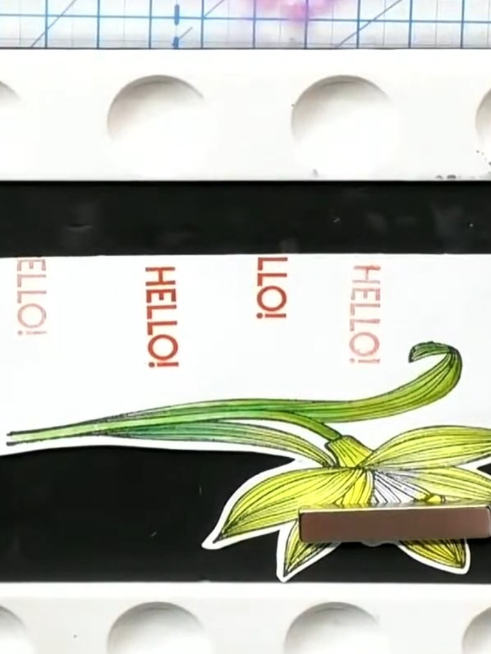 Step 4: Stamp the sentiment 'HELLO!' repeatedly in orange ink across the top of the white insert panel. Use the sentim