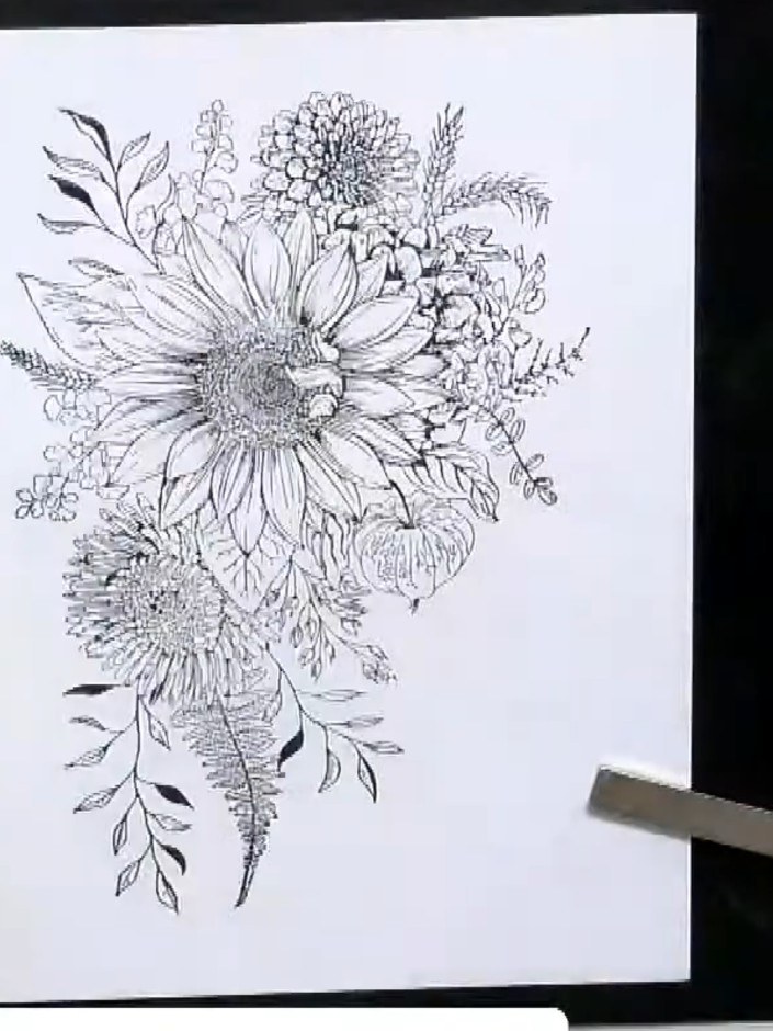 Step 1: Stamp the sunflower design onto white cardstock using black ink to create a detailed monochrome image showing 