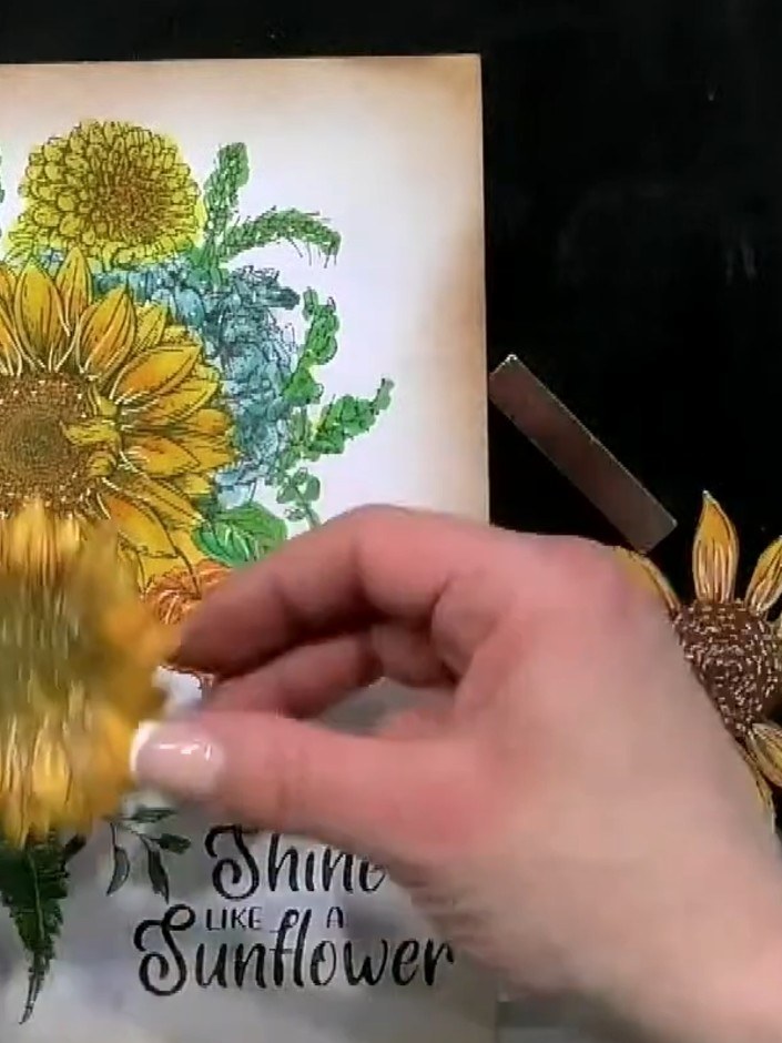 Step 7: Add your chosen sentiment to the bottom of the card. Use either 'Shine like a Sunflower' or 'Just for You' fro