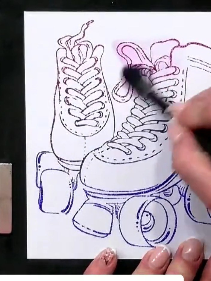 Step 3: Spray water over the stamped roller skate image using a water sprayer. Gently blend the pink and purple ink wi