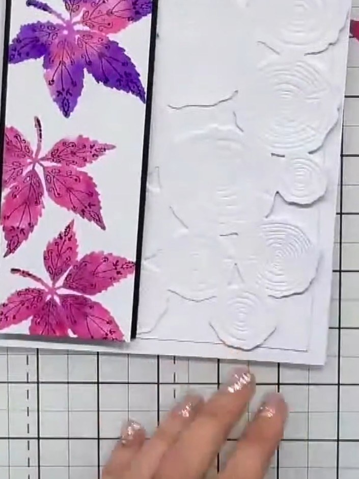 Step 3: Position a wood grain panel die-cut down the left side of your card base for added texture and interest. Adher
